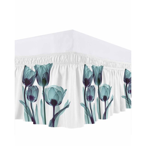 Abstract Green Bed Skirt King Size 16" Drop Tulip Ray White Ruffled Wrap Around Bed Skirts Adjustable Elastic Bedskirt Dust Ruffle for King Size Bed