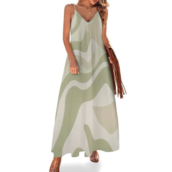 Abstract Green Beige Swirl Pattern Sleeveless Suspender Dress Summer Fashion Casual Long Dress