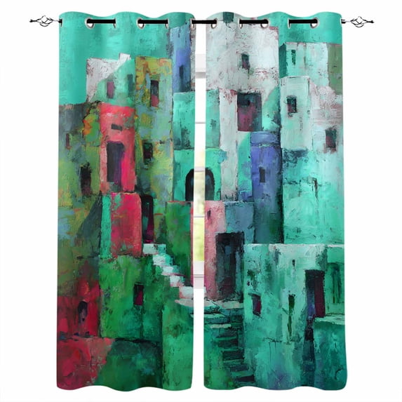 Abstract Green Blackout Curtains 96 Inch Length 2 Panels Set, Painting Buildings Geometric Color Block Full Shading Curtains for Windows, Blackout Curtains for Bedroom Living Room 52"x96"