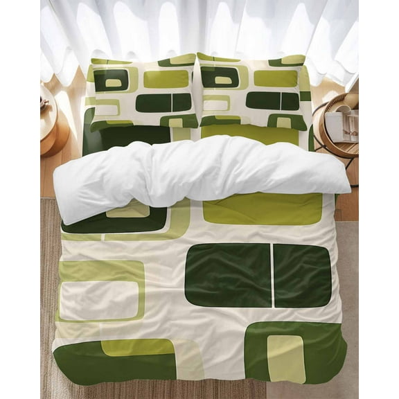 Abstract Green Block Bedding Duvet Cover Set Twin Size 4 Pieces Dark Green Square Modern Art Bedding Set with Zipper Closure, 1 Comforter Cover 68x86 Inches 1 Flat Sheet & 2 Pillow Cases
