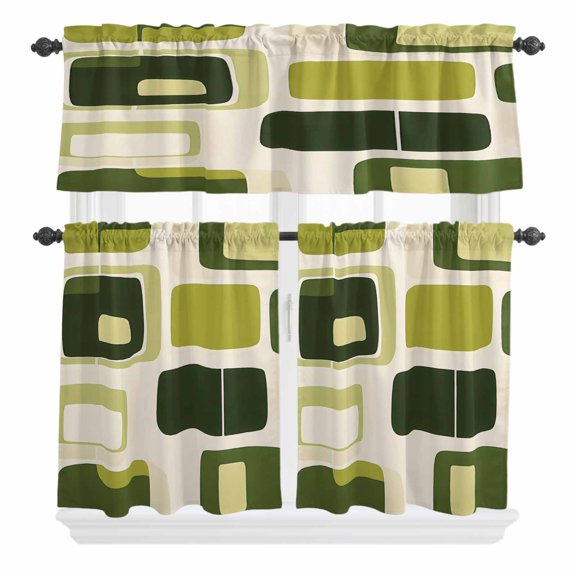 Abstract Green Block Curtain Valances Set Dark Green Square Modern Art Kitchen Curtains 36 inch Length Rod Pocket Valance and Tiers 3 Piece Set Small Bedroom Bathroom Laundry Decor