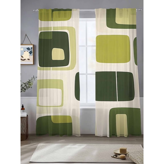 Abstract Green Block Sheer Curtains 108 Inches Long 2 Panels Dark Green Square Modern Art Light Filtering Semi Sheer Window Curtains Drapes for Bedroom Living Room 52"x108"