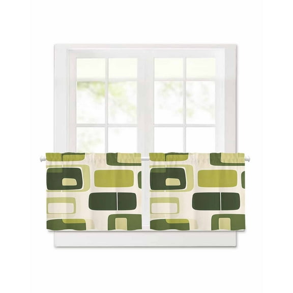 Abstract Green Block Short Blackout Curtains 24 Inch Long Dark Green Square Modern Art Rod Pocket Kitchen Curtains, 2 Panels Thermal Insulated Room Darkening Drapes for Bedroom, 30"W x 24"L