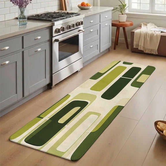 Abstract Green Block Washable Runner Rug 2X5 ft Dark Green Square Modern Art Non-Slip Hallway Runner Rug, Linen Kitchen Runner Mats, Indoor Floor Carpet for Entryway Bathroom Bedroom Living Room