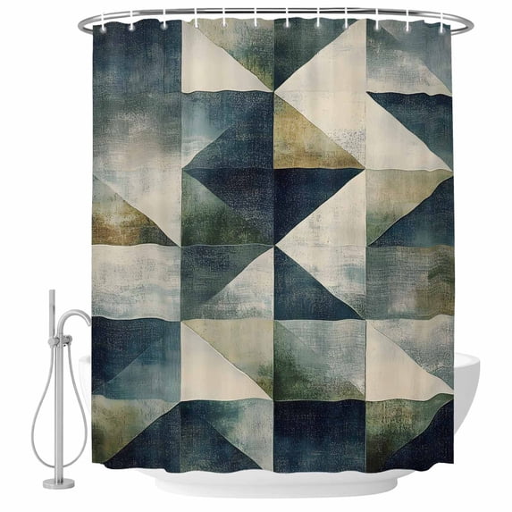 Abstract Green Blue Geometric Painting Fabric Shower Curtain Modern Art Washable Shower Curtains for Bathroom, Waterproof Bath Curtain with Hooks Home Decor 72x84in