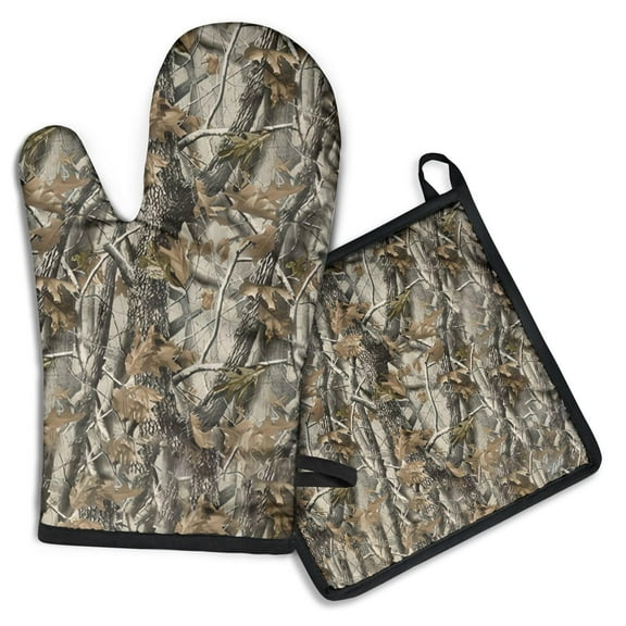 Abstract Green Camo Geometric Pattern Kitchen Oven Mitt and Pot Holder Sets 2 Pcs for Baking, Cooking and Grilling, Heat Resistant Up To 392 °F