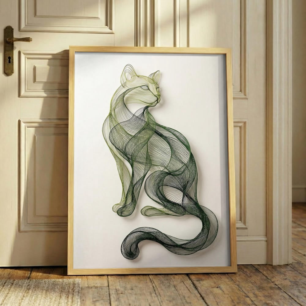 Abstract Green Cat Poster, Minimalist Line Art, Wire Art Feline ...