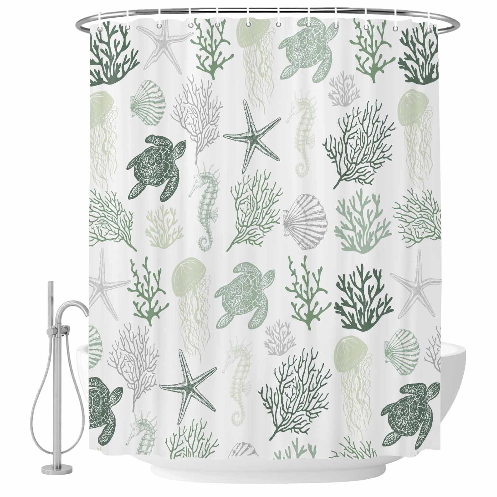 Abstract Green Coral Turtles Starfish Jellyfish Shells Fabric Shower ...