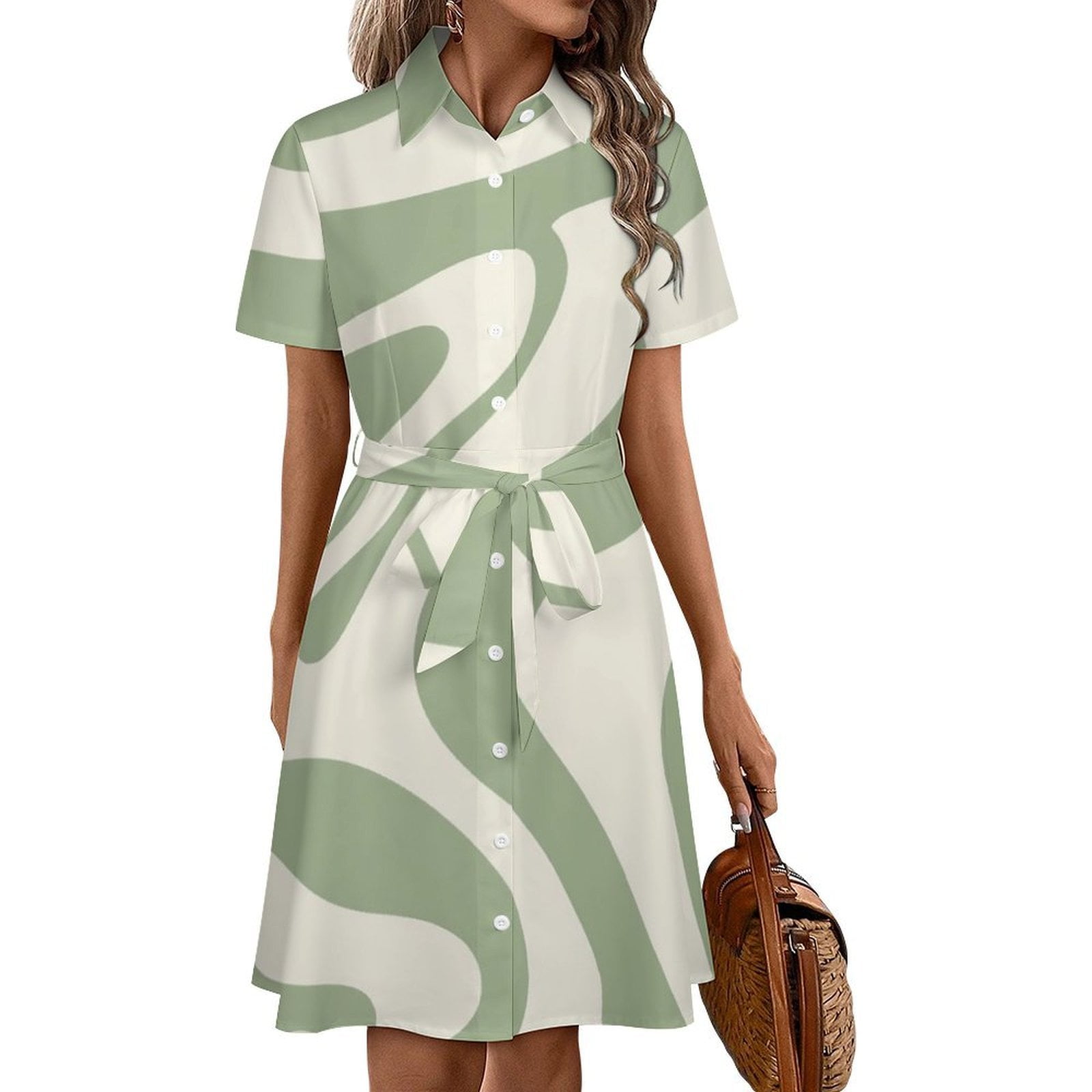 Abstract Green Cream Swirl Pattern Womens Shirt Dresses Women'S Short ...