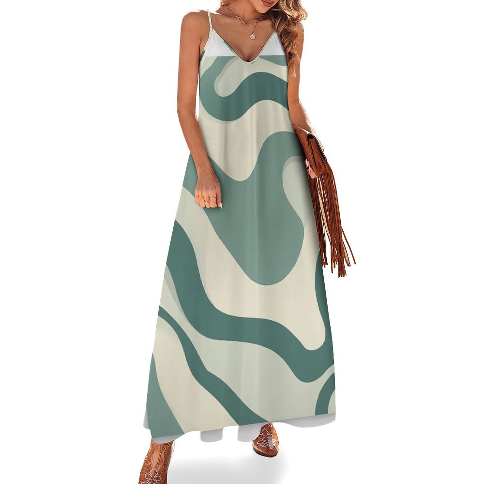 Abstract Green Cream Wave Art Sleeveless Dress Loose Women's Dress Dresses  Luxury Evening Dresses - Walmart.com