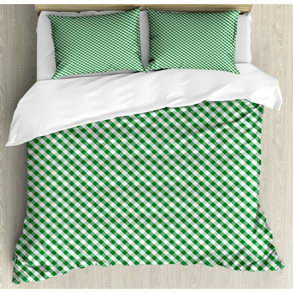 Abstract Green Duvet Cover Set, Gingham Pattern Crossing Lines and Little Squares, Decorative 3 Piece Bedding Set with 2 Pillow Shams, Queen Size, Forest Green Fern Green, by Ambesonne