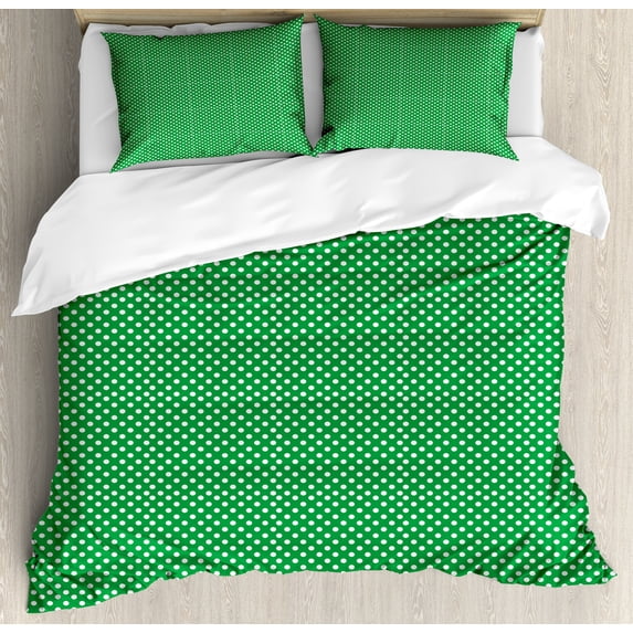 Abstract Green Duvet Cover Set, Polka Dots Repetitive Simple Monochrome Design Geometric Rounds, Decorative 3 Piece Bedding Set with 2 Pillow Shams, Queen Size, Green and White, by Ambesonne