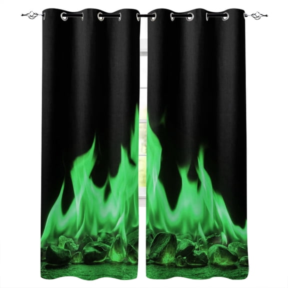 Abstract Green Flame Blackout Curtains for Bedroom Living Room Darkening Curtains 63 Inches Long Flickering Fire Pattern Black Window Curtain 2 Panels Set Window Treatment Grommet Drapes 42"x63"