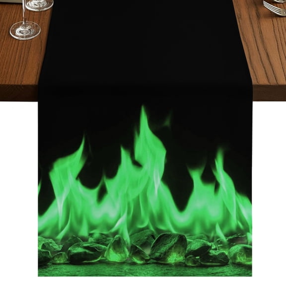 Abstract Green Flame Burlap Cotton Table Runner 13x36 Inches Short, Flickering Fire Pattern Black Farmhouse Table Runners, Outdoor Dining Tablecloths Decor for Baby Shower/Party/Wedding
