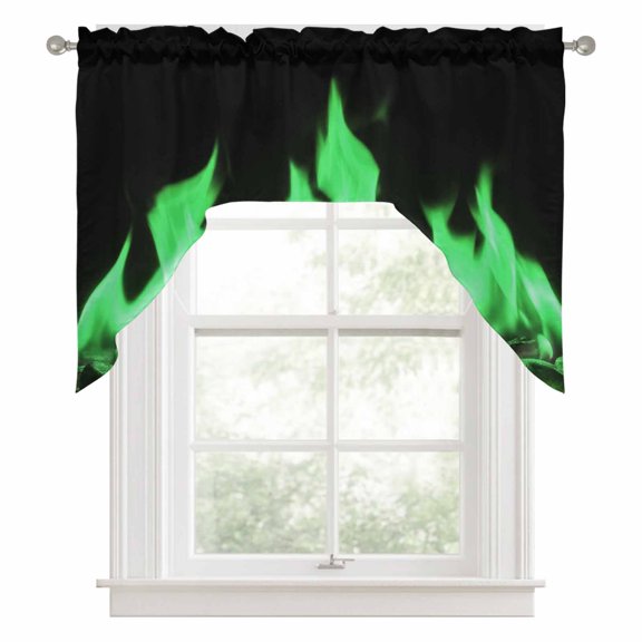 Abstract Green Flame Kitchen Curtains Swag Valance for Windows/Bathroom/Cafe, Flickering Fire Pattern Black Rod Pocket Drape Panel Swag Curtains Valance for Bedroom/Living Room 56"x36"