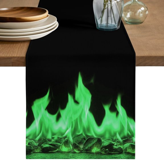 Abstract Green Flame Short Table Runner 36 Inches Long,Flickering Fire Pattern Black Cotton Linen Table Runners Dresser Scarves,Fabric Tabletop Scarf Furniture Cover for Home Dinner Party 13"x36"