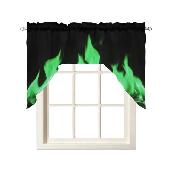 Abstract Green Flame Swag Valances for Windows, Flickering Fire Pattern Black Swag Curtains for Kitchen, Living Room, Small Window Treatments Drapes Curtains for Cafe, Bathroom, Bedroom, 56"x36"