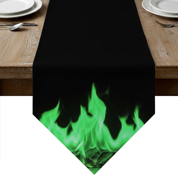 Abstract Green Flame Table Runner Linen Burlap Table Runner 36 Inches Small Flickering Fire Pattern Black Dresser Scarves for Kitchen Island Coffee Dining Room Party Wedding Holiday Decor 13"x36"