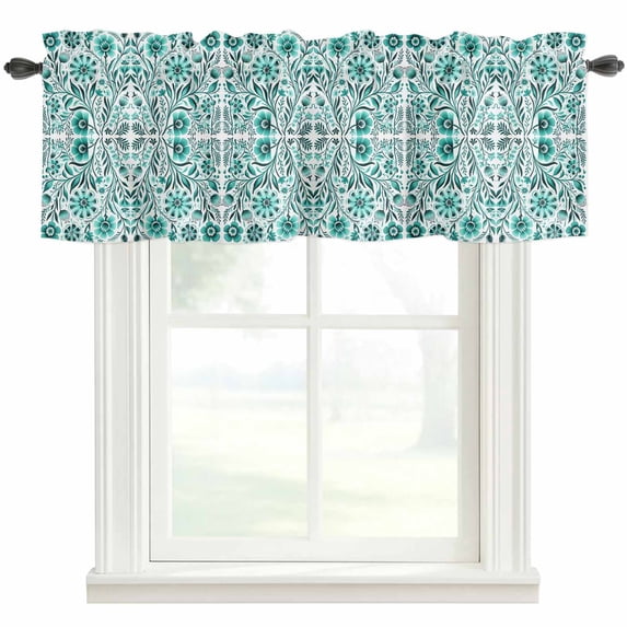 Abstract Green Floral Window Valance Curtain Vintage Ethnic Texture Rod Pocket Short Curtain for Living Room, Bedroom & Kitchen Window Decor 60x18in