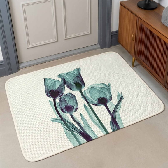 Abstract Green Front Door Mat Indoor Entrance, Tulip Ray White Absorbent Dirt Resist Welcome Mats Non-Slip Low-Profile Doormat Washable Entry Rug Indoor Outdoor 17x30 Inch