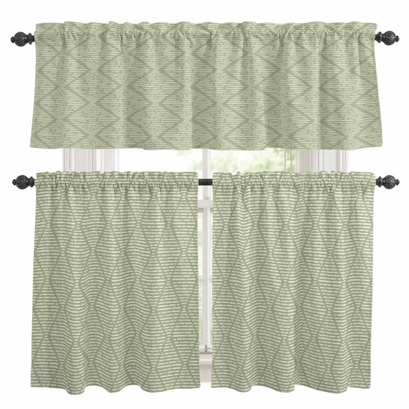 Abstract Green Geometric Kitchen Curtains Set for Windows, Argyle Stripes Sage Green Lines Curtains Valance and Tier 3 Piece Set Small Drapes 36 Inch Length for Kitchen Bedroom Decor