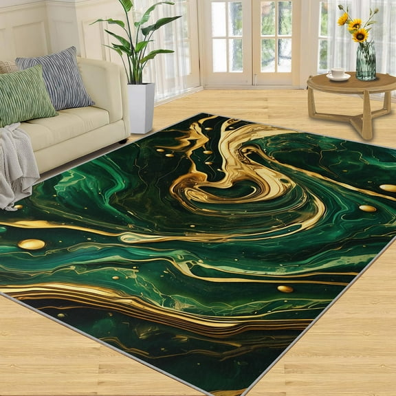 Abstract Green Gold Area Rug, Modern Marble Rugs For Living Room, Machine Washable Rug With Non-Slip Backing Indoor Carpet For Bedroom Study Office Apartment