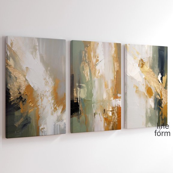 Abstract Green Gold Art Prints Modern Triptych Set Home Decor Office Wall Art Set 3