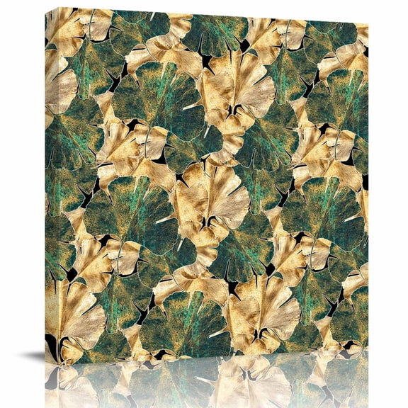 Abstract Green Gold Ginkgo Leaf Canvas Artwork Painting Art, Rustic Autumn Fall Leaves Square Framed Wall Decorations Prints Picture for Bedroom Kitchen Living Room, 8x8 in