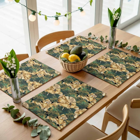 Abstract Green Gold Ginkgo Leaf Placemats Set of 4,Wipeable Washable Table Mats for Dining Tables, Rustic Autumn Fall Leaves Place Mats for Kitchen Event Party Tabletop Decor