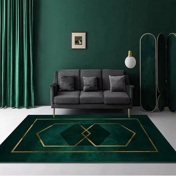 Abstract Green Gold Line Art Area Rugs, Retro Dark Green Oval Geometric Soft Carpet, Upholstery Rug With Non-Slip Backing For Kids Boys Girls Bedroom Living Room Dining Room 5 x 8ft