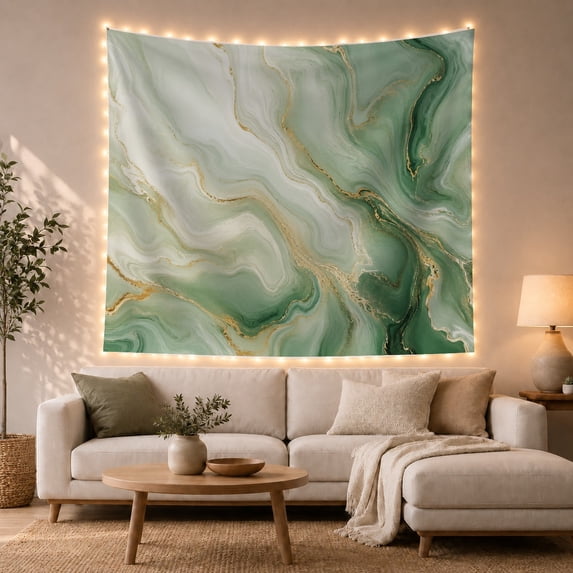 Abstract Green Gold Marble in Swirling Clouds, Majestic Abstract for Art Lovers, Nature Inspired Wall Decor, Housewarming Gift Tapestry Wall Hanging for Living Room and Bedroom