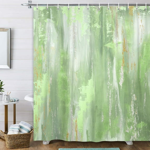 Abstract Green Gold Shower Curtain, Modern Neutral Marble Boho Ombre Minimalist Chic Art Shower Curtain for Bathroom, Sage Green Teal Grey Gray Fabric Bathroom Bathtub Curtain with 12 Hooks, 47X64IN