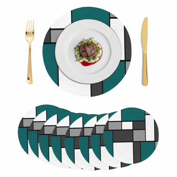 Abstract Green Grey Round 13 Inch Placemats Set of 8, Modern Geometric Color Blocks HeatResistant Non Slip Place Mats for Dining Table, Wipeable Braided Kitchen Table Mats for Housewarming