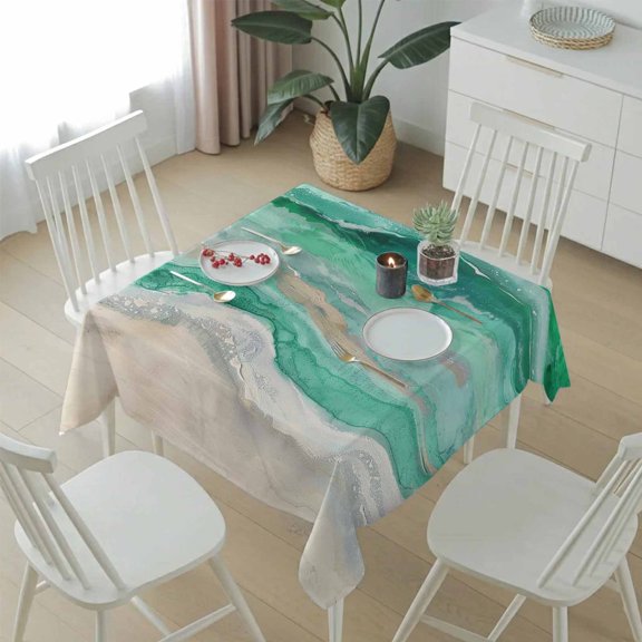 Abstract Green Grey Rustic Coastal Wave Table Cloth 54x54in, Waterproof Square Tablecloth Wipeable Tablecloths Ombre Stripe Table Covers for Dining Tables Party Indoor Outdoor