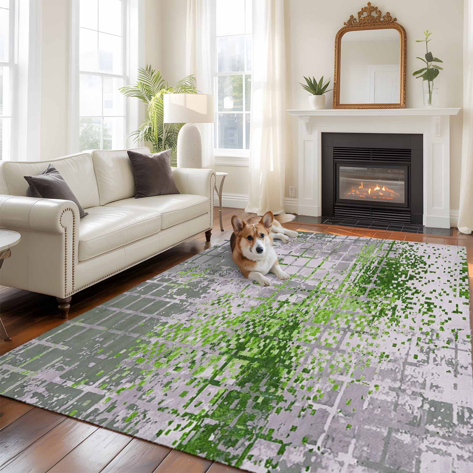 Abstract Green Grid Lattice Rectangle Area Rug 6x9ft Minimalist ...