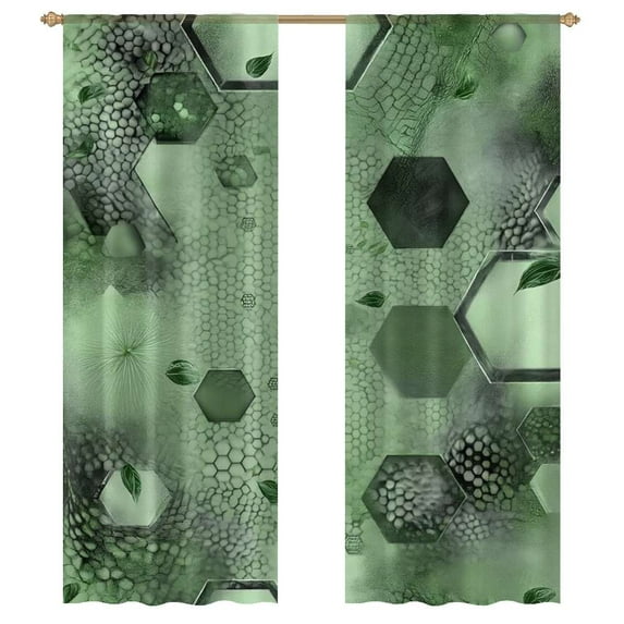 Abstract Green Hexagon Pattern Leaves Sheer Voile Curtain Window Tulle Curtains For Living Room Bedroom Modern Curtain