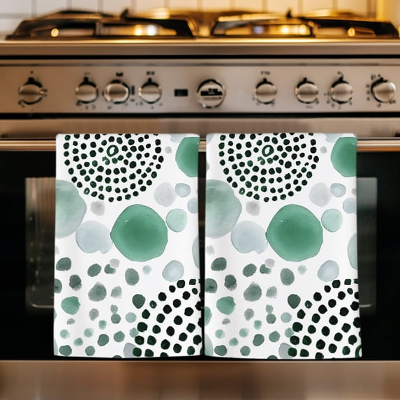 Abstract Green Ink Dots Kitchen Towels Set of 4, Boho Minimalist Middle Century Art Absorbent Dish Towels for Kitchen, Microfiber Hand Towel, Quick Drying Tea Towel for Cleaning Decorative Dishcloths