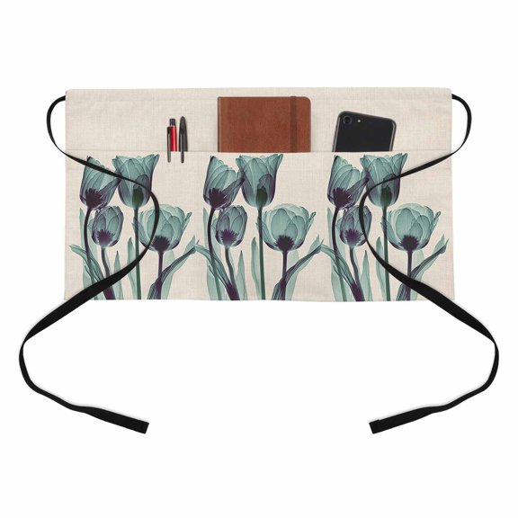 Abstract Green Kitchen Restaurant Half Waist Apron, Tulip Ray Beige Texture Server Short Apron with 3 Pockets Waterproof Oil Waist Aprons for Women Waitress Waiter
