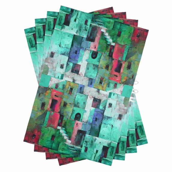 Abstract Green Kitchen Towels Set of 4, Water Absorbent Dish Towel, Painting Buildings Geometric Color Block Decorative Hand Towels - Quick Drying Cloth for Cooking Baking, 18x28 Inch