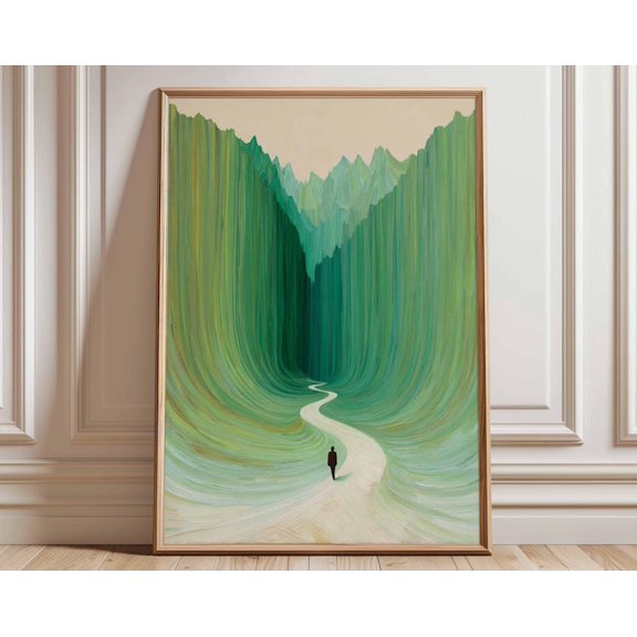 Abstract Green Landscape Mountain Path Wall Art Print, Unframed Paper Poster 8x10in