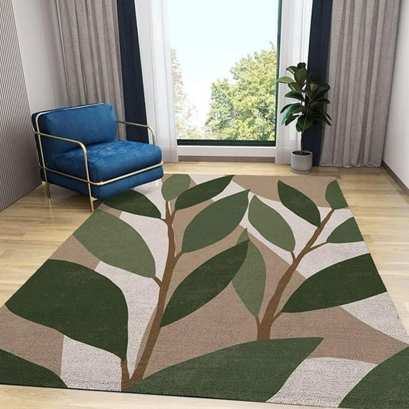 Abstract Green Leafy Plants Area Rug, Brown Vintage Plant Leaves Decorative Rugs, With Anti-Slip Backing Washable Indoor Carpet For Living Room Bedroom Study Dining Room 2x3ft