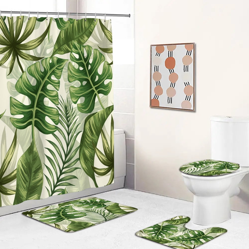 Abstract Green Leaves Bath Curtain Set Leaf Nordic Minimalist Plants ...