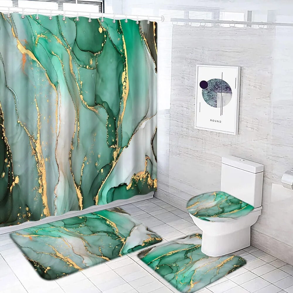 Abstract Green Marble Shower Curtain Set Gold Line Texture Modern