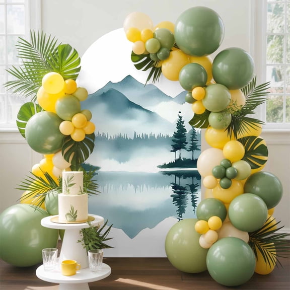 Abstract Green Mountain Arch Backdrop Cover, 7.2FT, Lake Fog Landscape Painting Spandex Arch Covers Double-Sided Backdrop for Wedding Birthday Party Photo Background Decoration