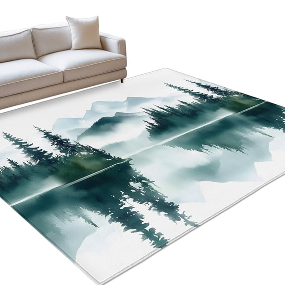Abstract Green Mountain Area Rugs 5x8ft Fog Lake Landscape Painting Floor Rug Non Slip Low Pile Ultra Soft Throw Carpet for Entryway Indoor Entrance Kitchen Bathroom
