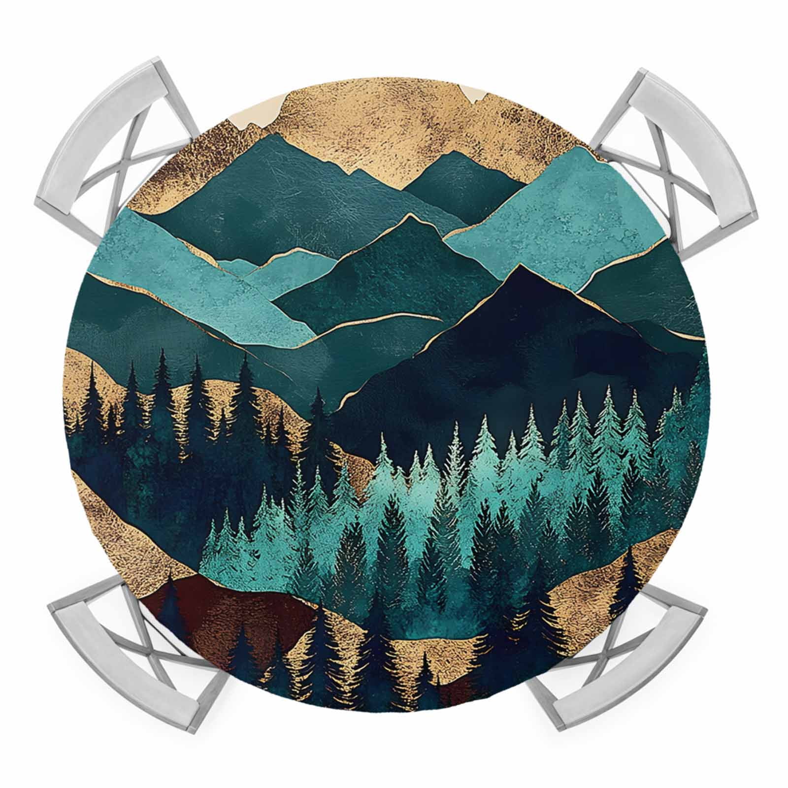 Abstract Green Mountain Elastic Fitted Round Table Cover Forest Modern ...