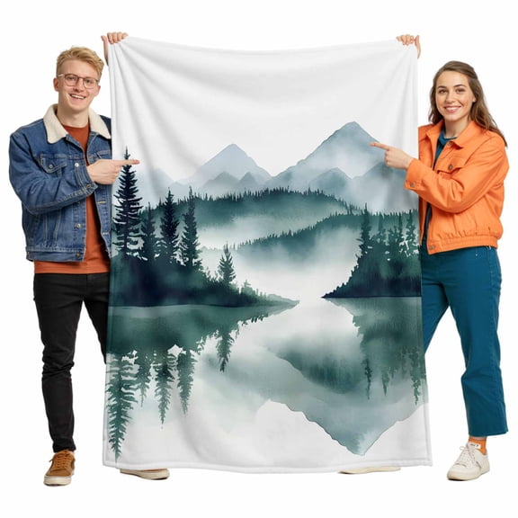 Abstract Green Mountain Flannel Blanket for Bed,Travel and Camping, Landscape Painting Lake Fog Super Soft Cozy Blanket for All Seasons 60"x80"