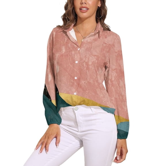 Abstract Green Mountain Landscape Color Block Minimalist Long Sleeve Blouse Woman Streetwear Casual Shirts Summer Oversize Woman Streetwear Clothing Birthday Present