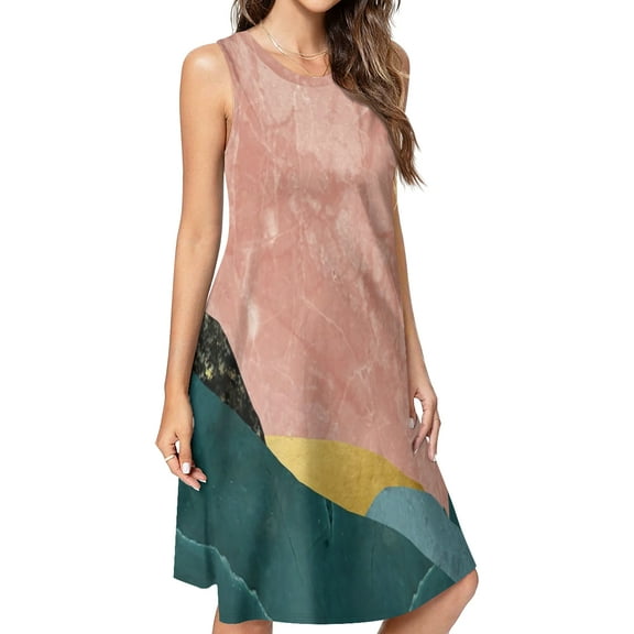 Abstract Green Mountain Landscape Color Block Minimalist Spring Summer Dresses for Women Fashion T-shirt Dress Casual Sleeveless Loose Sundress with Pockets
