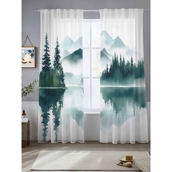 Abstract Green Mountain Sheer Curtains 108 Inches Long 2 Panels Fog Lake Landscape Painting Light Filtering Semi Sheer Window Curtains Drapes for Bedroom Living Room 52"x108"